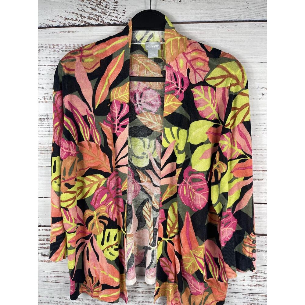Chicos Cardigan Sweater Women's Size Large Multicolor Tropical Leaf Open Front - Picture 3 of 7